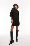 Topshop Rib Stitch Long Sleeve Sweater Dress In Black