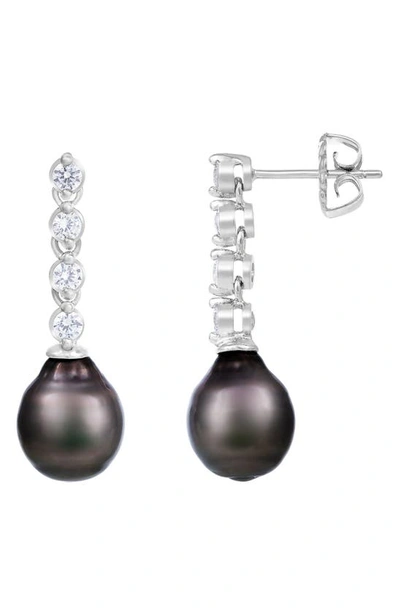 Splendid Pearls Rhodium Plated Sterling Silver Cz & 6–7mm Tahitian Pearl Drop Earrings In Black