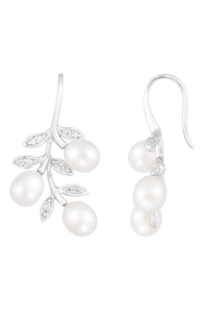 Splendid Pearls Rhodium Plated Sterling Silver 7–8mm Cultured Freshwater Pearl & Cz Branch Drop Earrings In White