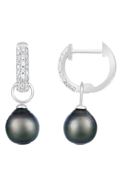 Splendid Pearls Rhodium Plated Sterling Silver 10–11mm Black Tahitian Pearl Drop Pavé Cz Huggie Hoop Earrings