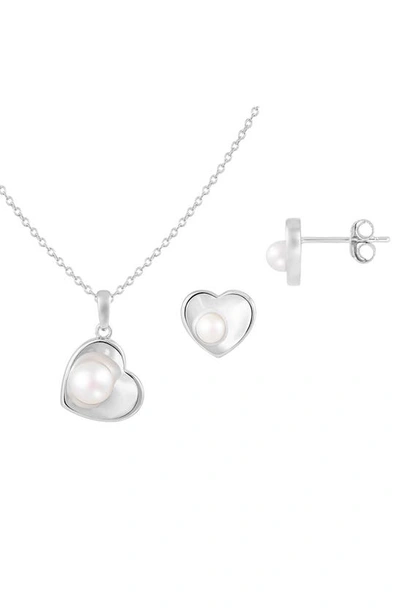 Splendid Pearls 7–7.5mm Cultured Freshwater Pearl Heart Stud Earrings & Necklace Set In White