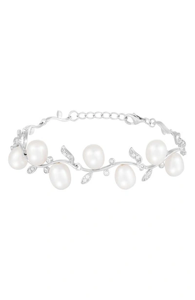 Splendid Pearls Rhodium Plated Sterling Silver 7–8mm Cultured Freshwater Pearl & Cz Branch Bracelet In White