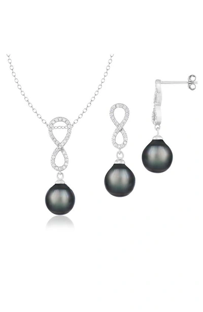 Splendid Pearls Rhodium Plated Sterling Silver Cz & 10–11mm Cultured Tahitian Pearl Drop Earrings & Necklace Set In Black