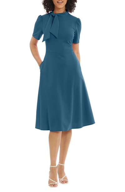 Maggy London Short Sleeve Necktie Midi Dress In Deep Lagoon