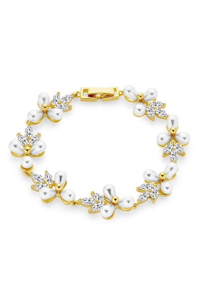 Bling Jewelry Bridal Wedding Multi Flowers Cz Leaf Genuine White Freshwater Cultured Pearl Bracelet For Women 18k