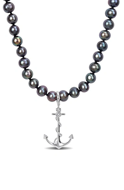 Delmar Cultured Freshwater Pearl Anchor Pendant Necklace In Black