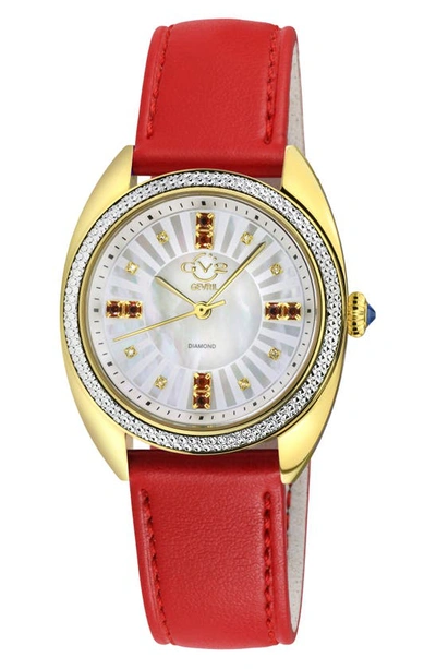 Gv2 Palermo Mother Of Pearl Dial Diamond Faux Leather Strap Watch, 35mm In Red