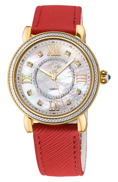 Gv2 Marsala Mother Of Pearl Dial Diamond Faux Leather Strap Watch, 37mm In Pink
