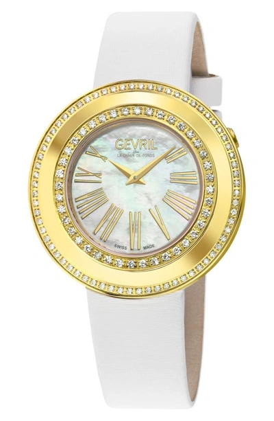 Gevril Gandria Mother Of Pearl Dial Diamond Leather Strap Watch, 36mm In Gold