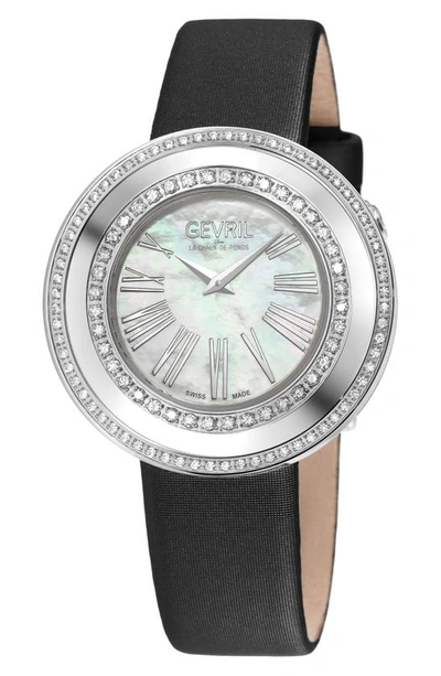 Gevril Gandria Mother Of Pearl Dial Diamond Leather Strap Watch, 36mm In Black