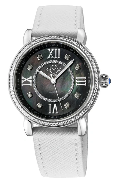 Gv2 Marsala Mother Of Pearl Dial Diamond Faux Leather Strap Watch, 37mm In White