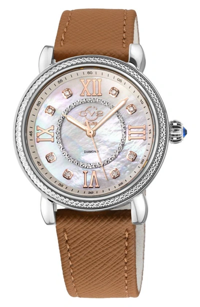Gv2 Marsala Mother Of Pearl Dial Diamond Faux Leather Strap Watch, 37mm In Brown