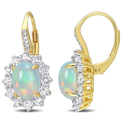 Mimi & Max 1 3/4 Ct Tgw Oval Shape Blue Ethiopian Opal And White Topaz And Diamond Accent Halo Leverback Earrin In Silver