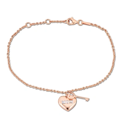 Mimi & Max Rose Silver Charm Bracelet W/18k Pink Gold Plated "mom" Heart & Key Charm