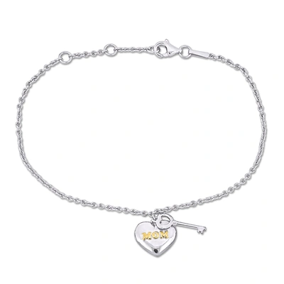 Mimi & Max Silver Charm Bracelet W/18k Yellow Gold Plated "mom" Heart & Key Charm