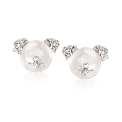 Ross-simons 8-8.5mm Cultured Pearl Dog Earrings With Diamond Accents In Sterling Silver In White