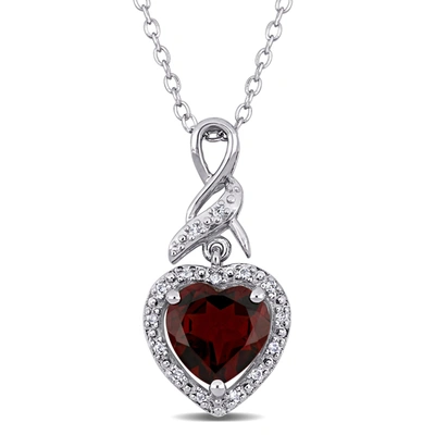 Mimi & Max Garnet And Diamond Heart Halo Twist Pendant With Chain In Sterling Silver In Red