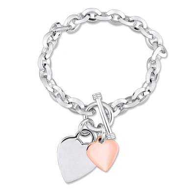Mimi & Max Oval Link Bracelet With Double Heart Charm And Toggle Clasp In 2-tone Rose And White Sterling Silver In Pink