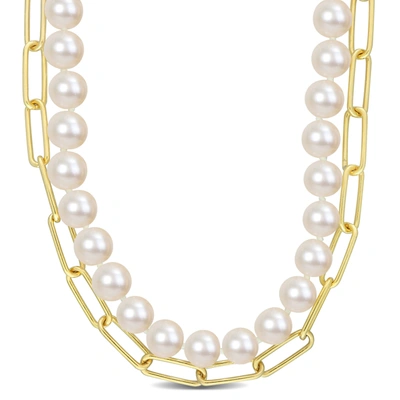 Mimi & Max 7-7.5 Mm Cultured Freshwater Pearl And 5 Mm Link Chain Layered Necklace In 18k Gold Plated Sterling  In White