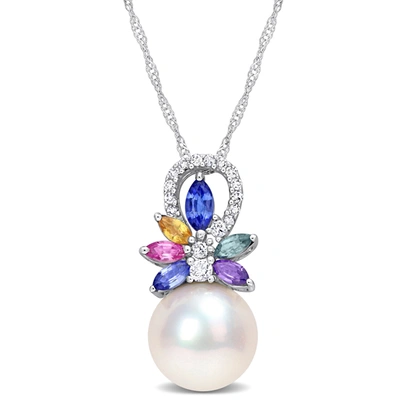 Mimi & Max 9.5-10 Mm Cultured Freshwater Pearl And 4/5 Ct Tgw Multi Sapphire (light Blue, White, Yellow, Pink,