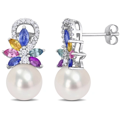 Mimi & Max 9-9.5 Mm Cultured Freshwater Pearl And Multi Sapphire (light Blue, White, Yellow, Pink, Purple & Gre