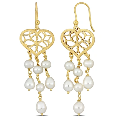 Mimi & Max 6-6.5mm Cultured Freshwater Pearl Chandelier Style Heart Drop Earrings In Yellow Plated Sterling Sil In Silver