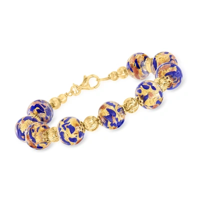 Ross-simons Italian Blue Murano Glass Bead Bracelet In 18kt Gold Over Sterling