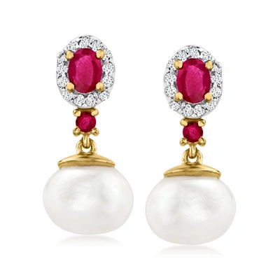 Ross-simons 7.5-8mm Cultured Pearl Drop Earrings With . Rubies And . White Topaz In 18kt Gold Over Sterling In Red
