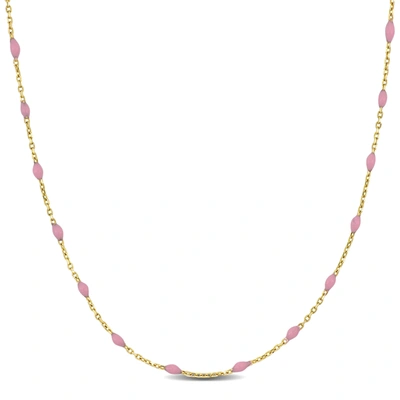 Mimi & Max Womens 14k Yellow Gold Pink Enamel Station Necklace W/ Spring Ring Clasp - 16+2 In.