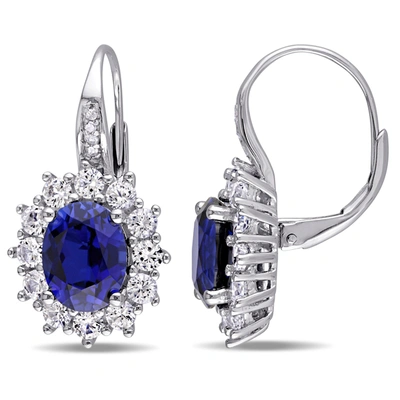 Mimi & Max 8.06 Ct Tgw Created Blue And White Sapphire And Halo Diamond Leverback Earrings In Sterling Silver