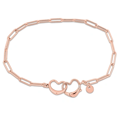 Mimi & Max Pink Paper Clip Link Bracelet W/ Double Heart Clasp In Rose Silver - 7.5 In. In Gold
