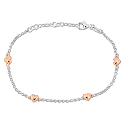 Mimi & Max Four Pink Heart Charm Station Bracelet In Rose And Sterling Silver - 7+1 In. In Orange