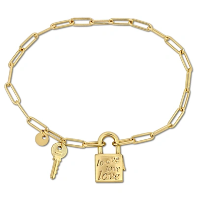 Mimi & Max Lock And Key Charm Paper Clip Bracelet In Yellow Silver - 7.5 In. In Gold