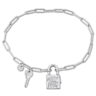 Mimi & Max Paper Clip Link Charm Bracelet W/lock And Key Clasp In Sterling Silver - 7.5 In.
