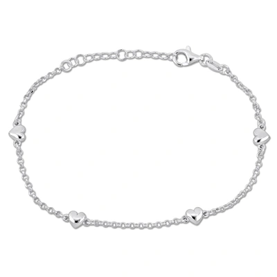 Mimi & Max Four Heart Charm Station Bracelet On Diamond Cut Rolo Chain In Sterling Silver- 7+1 In.