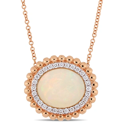 Mimi & Max 5 Ct Tgw Oval-cut Ethiopian Blue-hued Opal And 1/4 Ct Tw Diamond Necklace In 14k Rose Gold In White