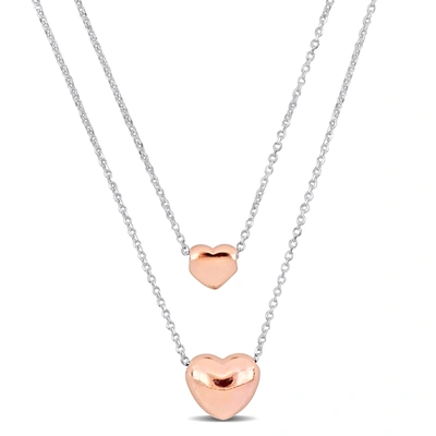Mimi & Max Double Strand Two-heart Rose Necklace W/lobster Clasp Sterling Silver - 16+18 In. In Orange
