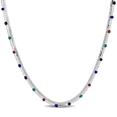 Mimi & Max Multi-color Bead Double Strand Herringbone Necklace In Sterling Silver - 15+2 In. In Blue