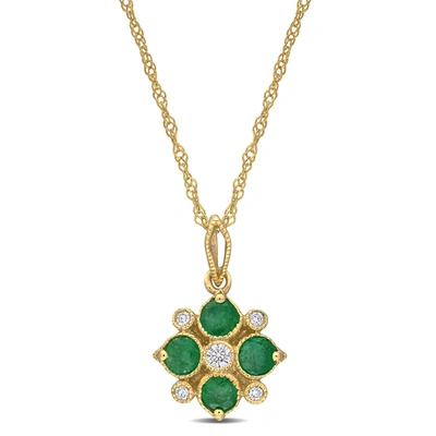 Mimi & Max Women's 3/8ct Tgw Emerald And Diamond-accent Floral Pendant With Chain In 14k Yellow Gold In Green