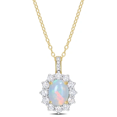 Mimi & Max 2 1/6 Ct Tgw Oval Shape Blue Ethiopian Opal And White Topaz And Diamond Accent Halo Pendant With Cha In Silver