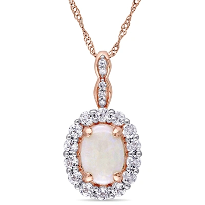 Mimi & Max 1 1/2 Ct Tgw Oval Shape Opal, White Topaz And Diamond Accent Vintage Pendant With Chain In 14k Rose