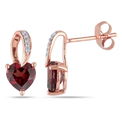 Mimi & Max Heart Shaped Garnet Earrings With Diamonds In 10k Rose Gold In Red