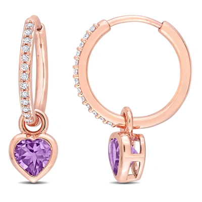 Mimi & Max 4/5 Ct Tgw Amethyst And 1/8 Ct Tdw Diamond Heart Huggie Earrings In 10k Rose Gold In Purple