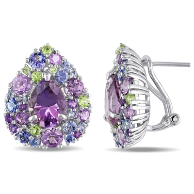 Mimi & Max 8 1/2 Ct Tgw Tanzanite, Rose De France, Peridot And Amethyst Pear-shape Cluster Earrings In Sterling In Purple