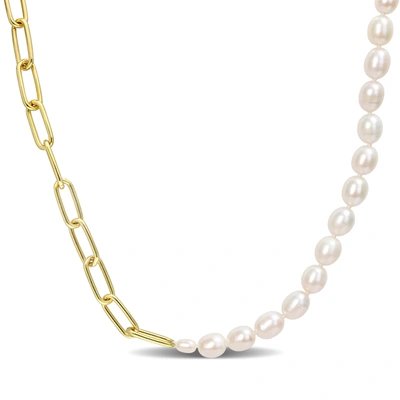 Mimi & Max 7-7.5 Mm Cultured Freshwater Rice Pearl And 6 Mm Oval Link Chain Necklace In 18k Gold Plated Sterlin In White