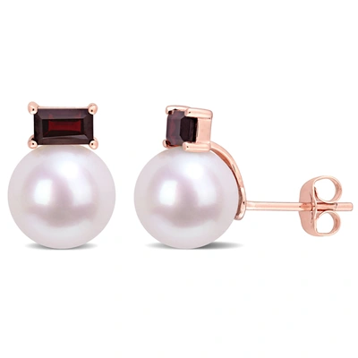 Mimi & Max 9-9.5mm Cultured Freshwater Pearl And 4/5 Ct Tgw Garnet Stud Earrings In 10k Rose Gold In Silver