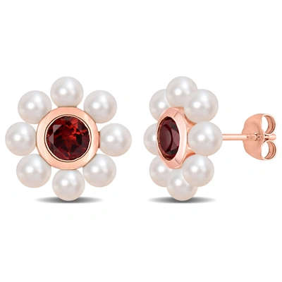 Mimi & Max 3.5-4mm Freshwater Cultured Pearl And 1 1/5 Ct Tgw Garnet Floral Stud Earrings In 10k Rose Gold In Red