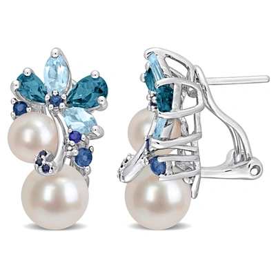 Mimi & Max 2 7/8ct Tgw London And Sky Blue Topaz, Sapphire And White Cultured Freshwater Pearl Cluster Earrings In Silver