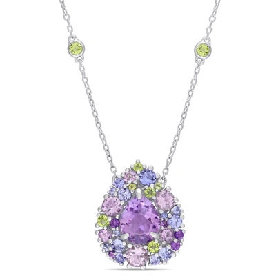 Mimi & Max 4 5/8 Ct Tgw Tanzanite, Rose De France, Peridot And Amethyst Mosaic Teardrop Necklace In Sterling Si In Purple
