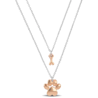 Mimi & Max Pink Paw And Bone Two Strand Charm Necklace In Sterling Silver - 16+18 W/ 1 In. Ext. In Orange